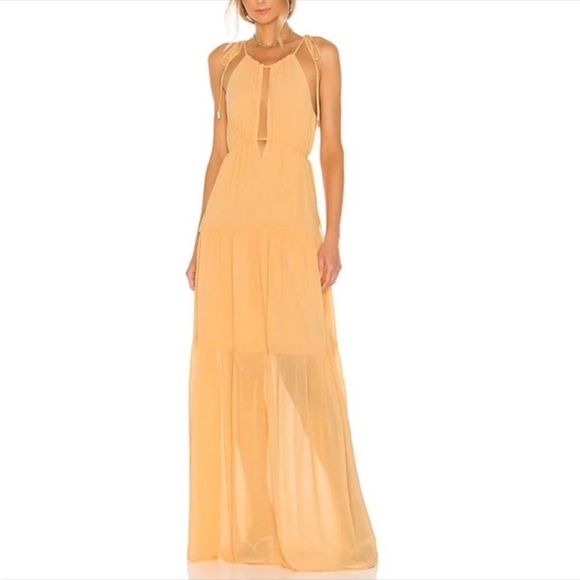 Lovers+Friends] Deep slits Drawstring neck line&waist Crepe Maxi Dress Tangerine - Picture 3 of 16